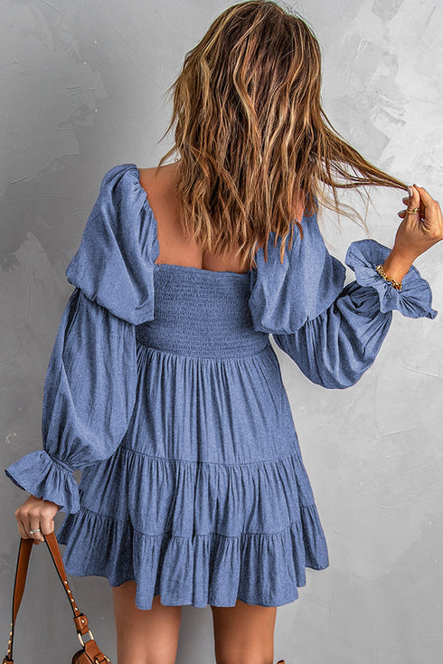 Boho Solid Shirred Ruffle Mini Dress